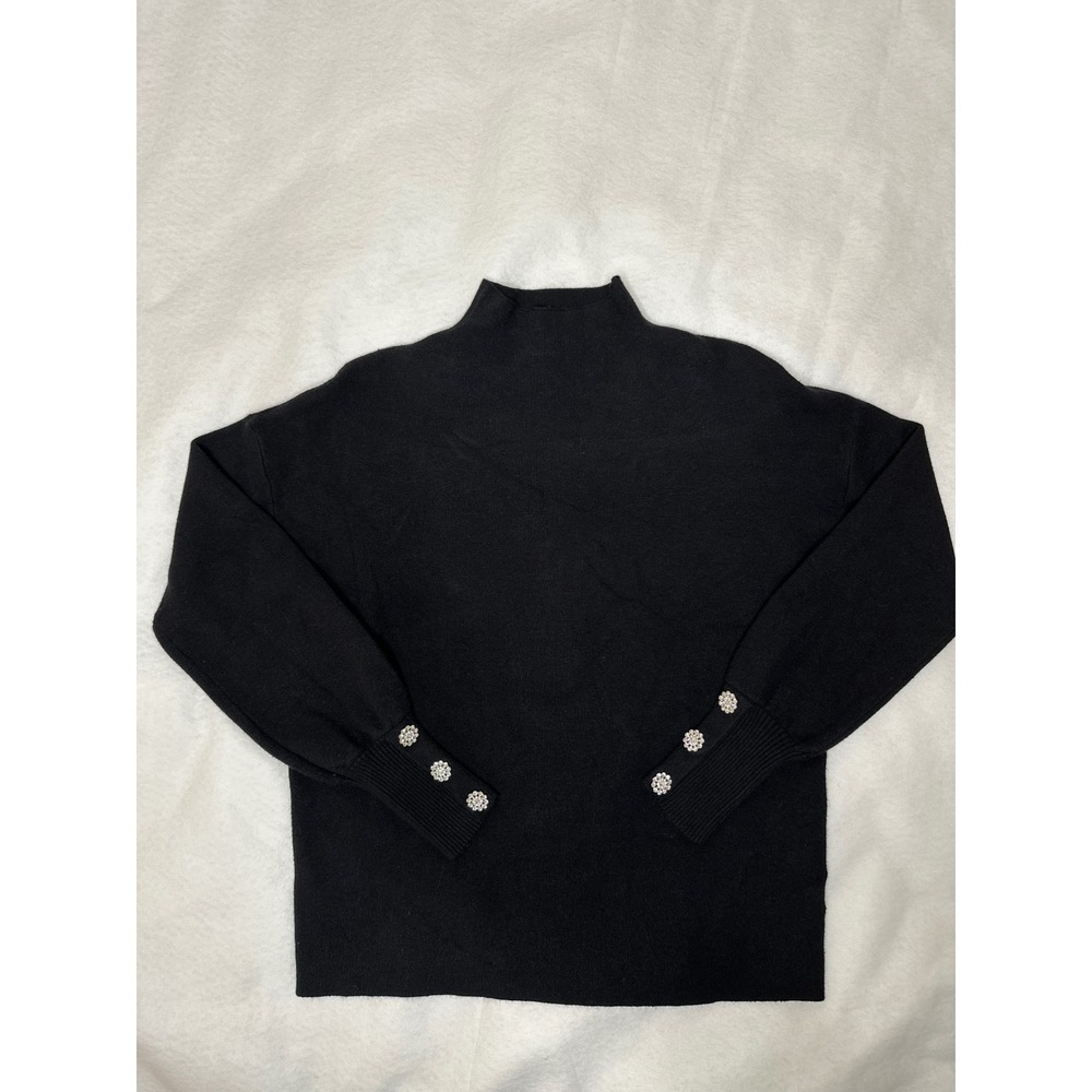 Tahari Womens Black Mock Neck Sweater Rhinestone Floral Button Cuffs Size Medium - Picture 8 of 8